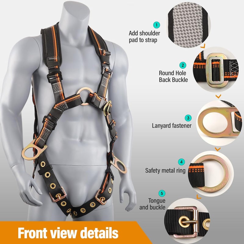 QFU Full Body Safety Harness & Fall Protection Kit with Padded Straps, ANSI Compliant, Includes Shock-Absorbing Lanyard for Roofing, Construction and Industrial Use - Image 2